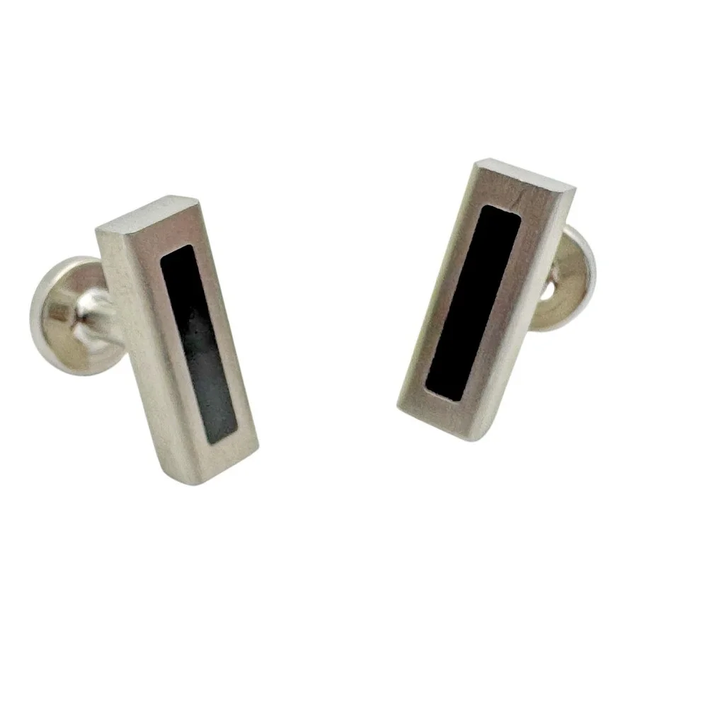 Vintage Brutalist Modernist Bar Cufflinks Brushed Aluminum Brushed Black Inlay